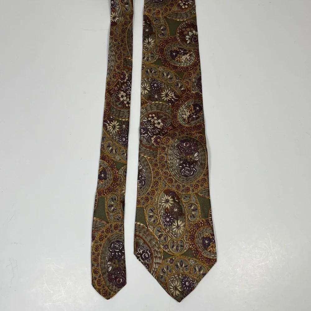 Vintage Allen Solly Silk Necktie Tie Green Purple Paisley Floral Medallion Print